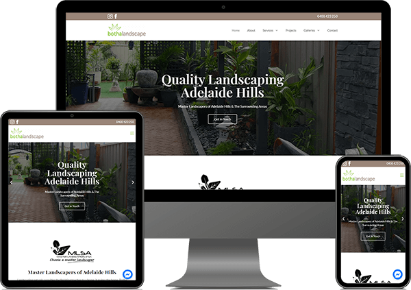 Botha Landscape responsive website displayed on desktop, tablet, and phone